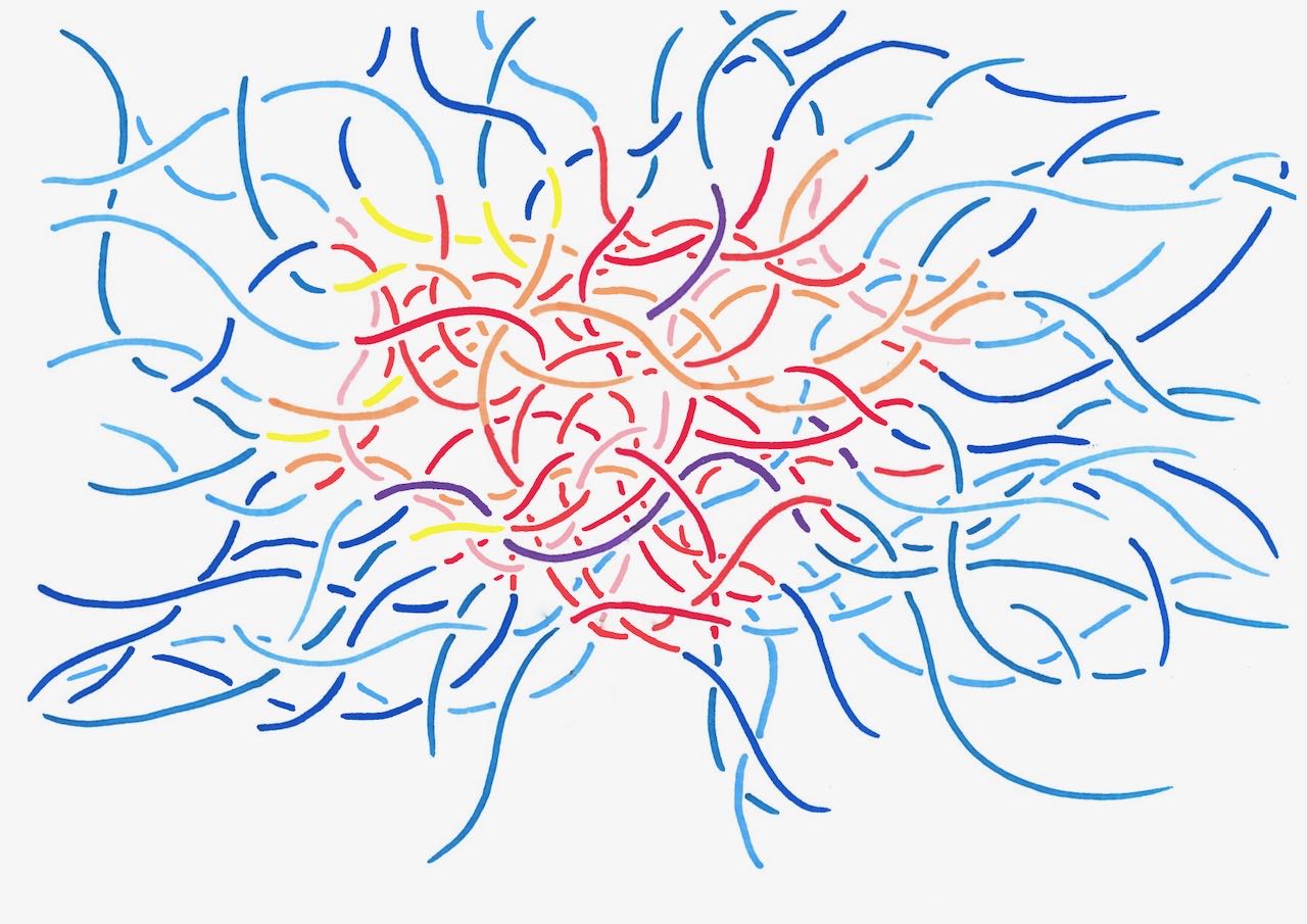 Diagram of a heart that could be an island with coloured lines flowing in and out of the form