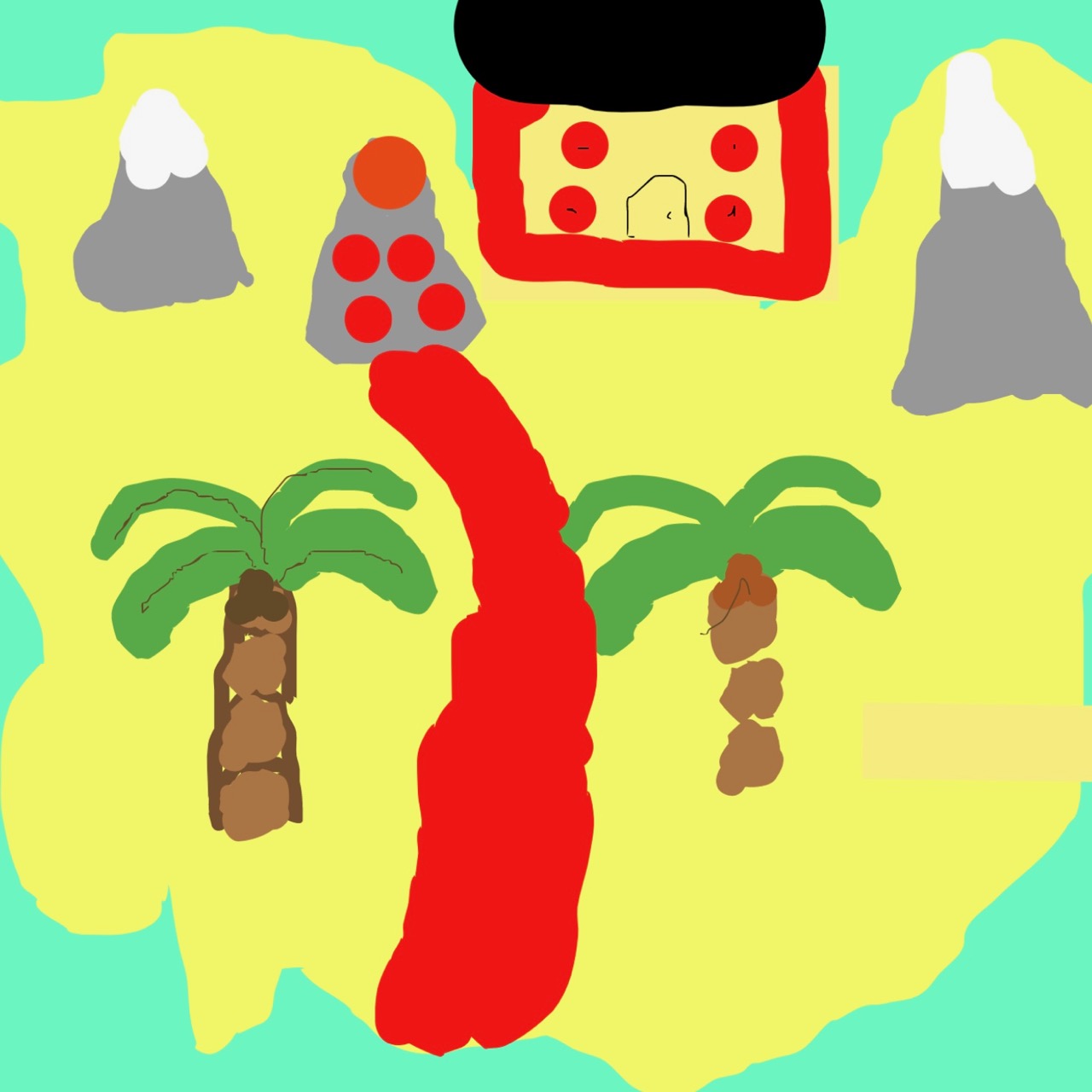 Drawing in bright colours of an island showing palm trees mountains and a building