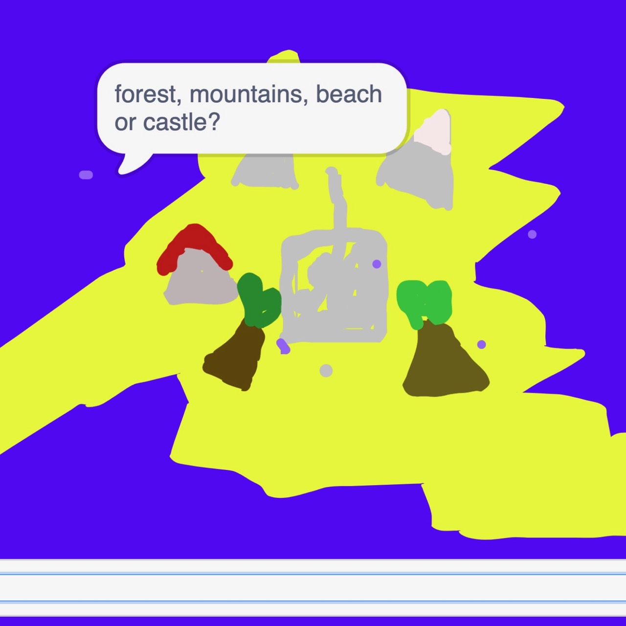 Drawing of an island on a computer screen with text prompt