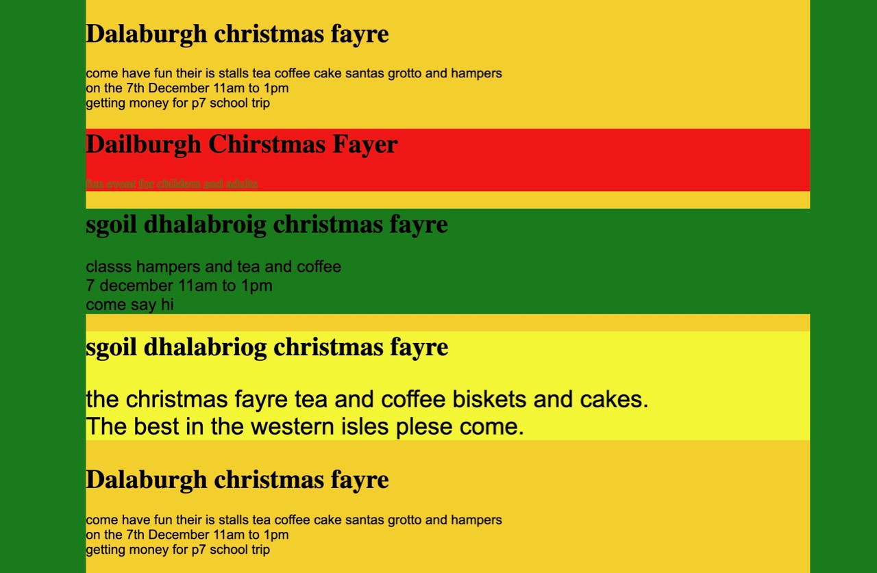 Screenshot of a web page in green yellow and red about a christmas fayre
