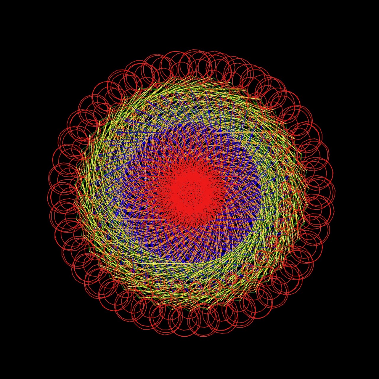 Circular geometrical pattern in 5 colours made from looped hexagons
